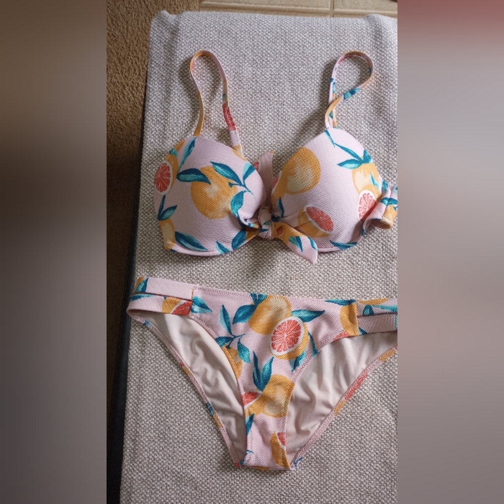Shade & Shore 2 Piece Pink with Tropical Fruit Print Swimsuit